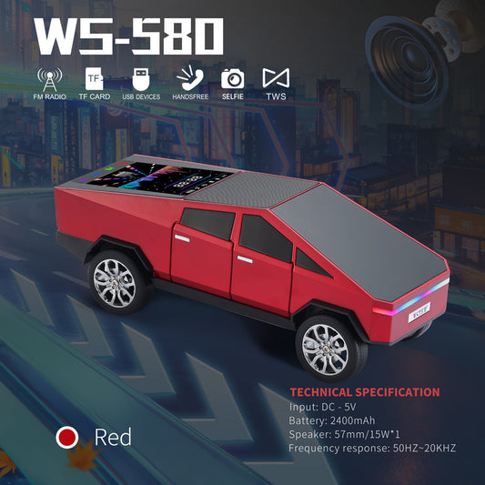 WS-580 New Cybertruck Car Shaped Wireless Bluetooth Speakers with TF USB FM TWS Selfie LED Colorful Light Type C Charging