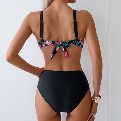 Vacation seaside high waisted retro printed strapless floral swimsuit