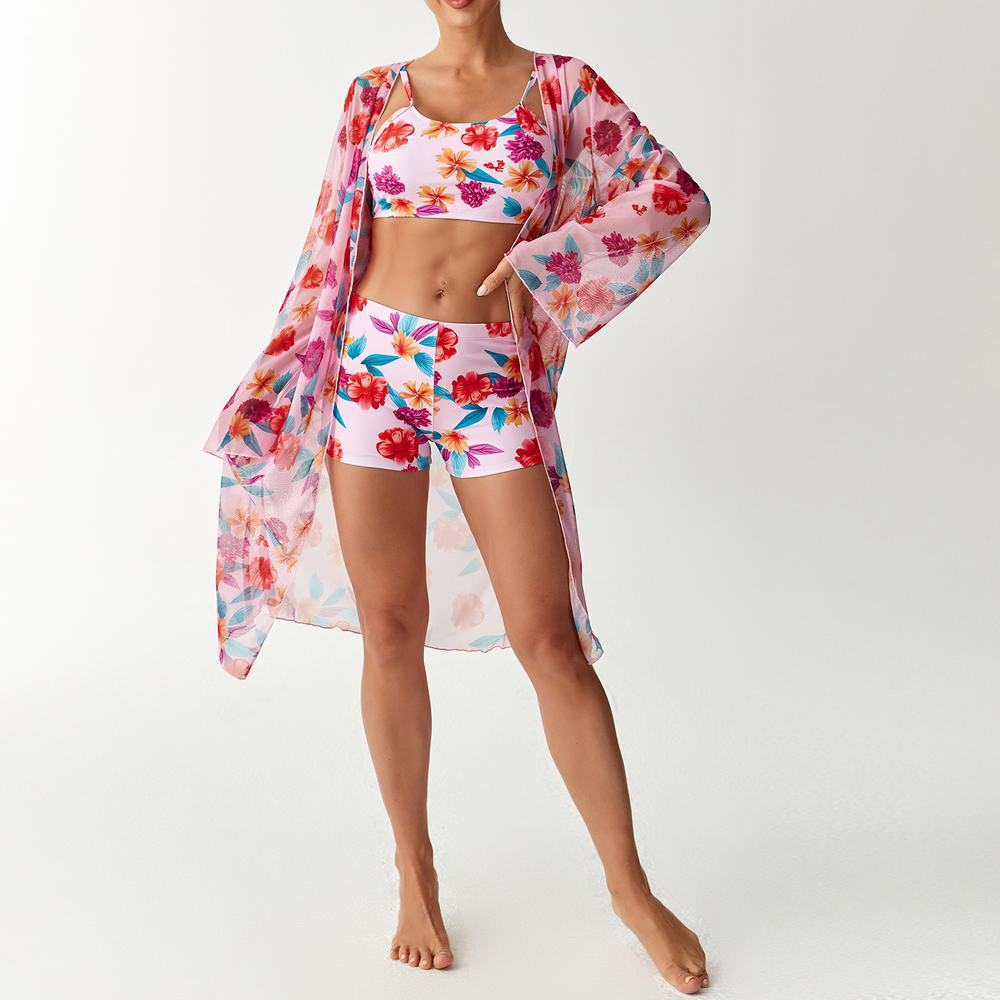Bikini split three piece flat corner printed floral cover swimsuit